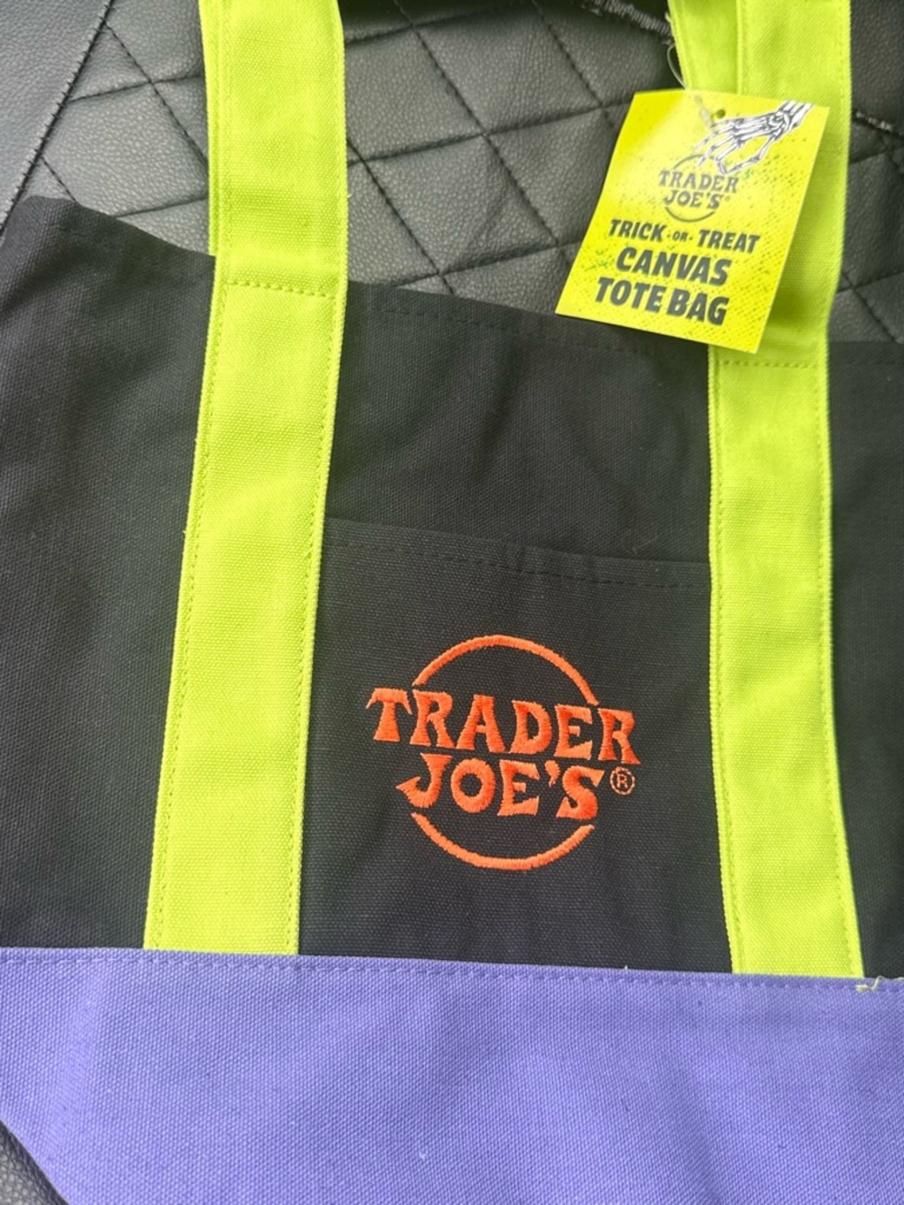 Trader Joe's Black Canvas Tote with Lime Handles and Purple Base